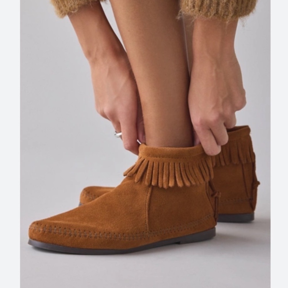 Minnetonka Back Zip Bootie Shoes Womens 8.5 Brown‎ Suede Fringe Moccasin 282